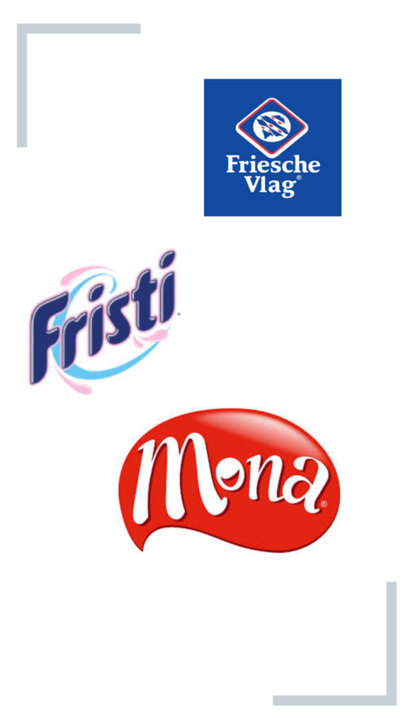 Logo's van drie populaire Nederlandse merken: Fristi, Mona en Friesche Vlag. Het Fristi-logo toont een levendige oranje kleur met de naam in een speelse, ronde letterstijl. Het Mona-logo is herkenbaar door een vrouwelijk gezicht in een eenvoudige, frisse stijl met een nadruk op zuivelproducten. Het Friesche Vlag-logo bevat een klassieke blauwe vlag met de naam van het merk in een gestileerde, stevige lettertype.