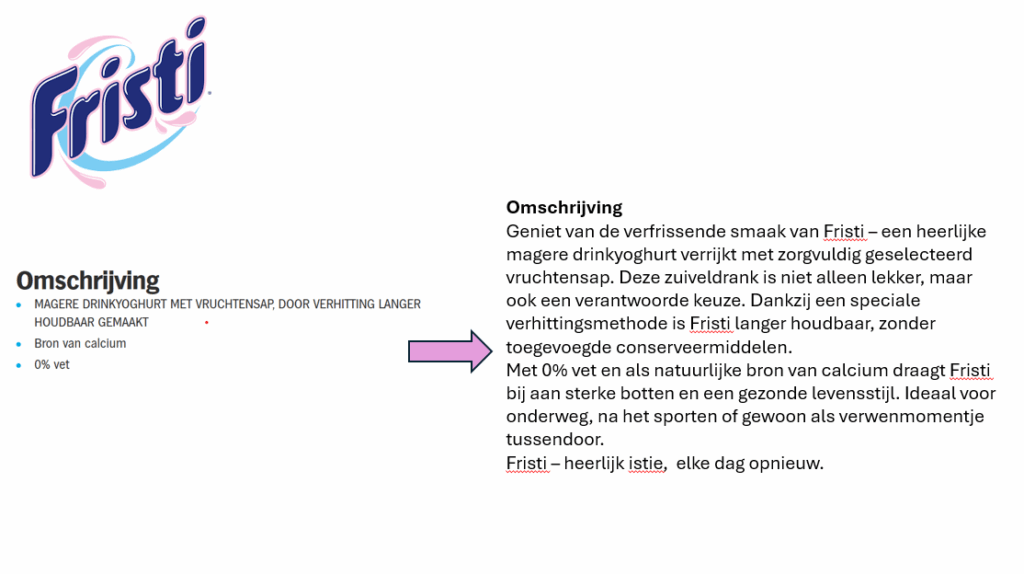 een Tekst met erop de verbetering van Fristi site